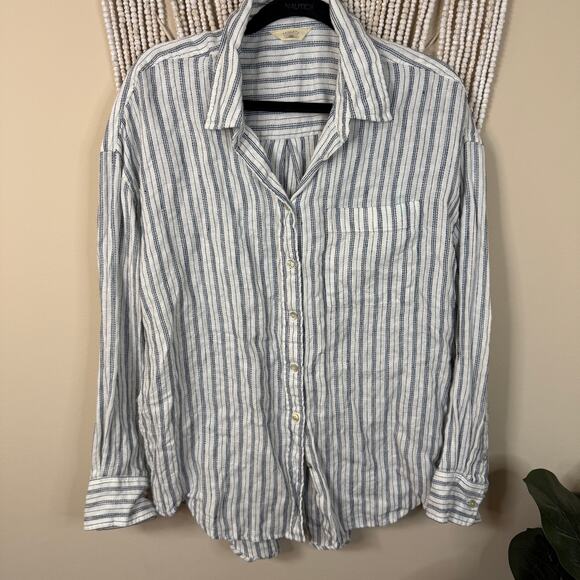 Faherty 100% Linen Blue Stripe Button Down Blouse XL - Picture 1 of 4